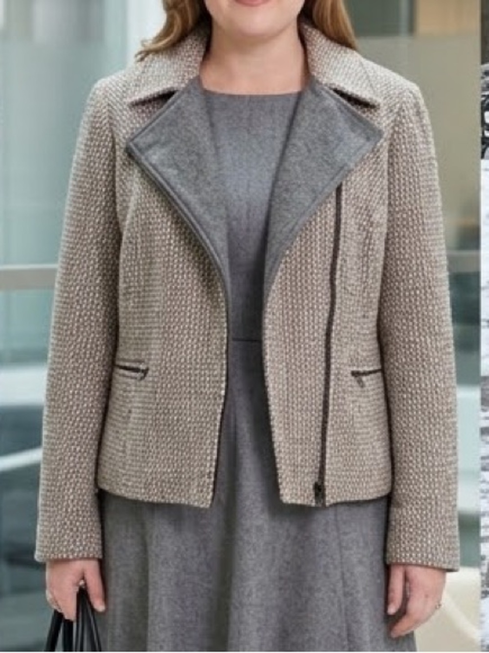 Talbots Textured Zip Blazer in Gray & Cream Size 14P Like New